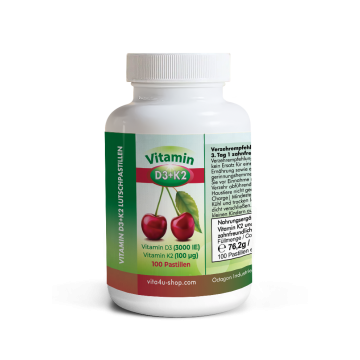 Nahrungsergänzungsmittel mit Vitamin D3, Vitamin K2 und Xylit als zuckerfreie, zahnfreundliche Kirsch-Lutschpastille.